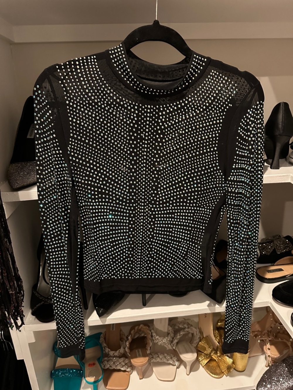 Black Embellished Long-Sleeve Mesh Top - Black rhinestone crystal studs